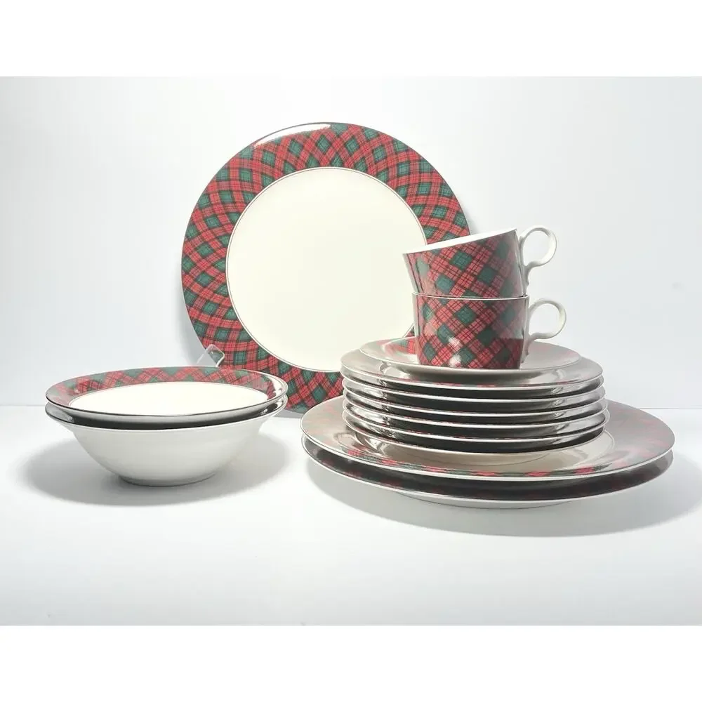Arita “Tartan Plaid” 13-Piece Ceramic Dinnerware Set